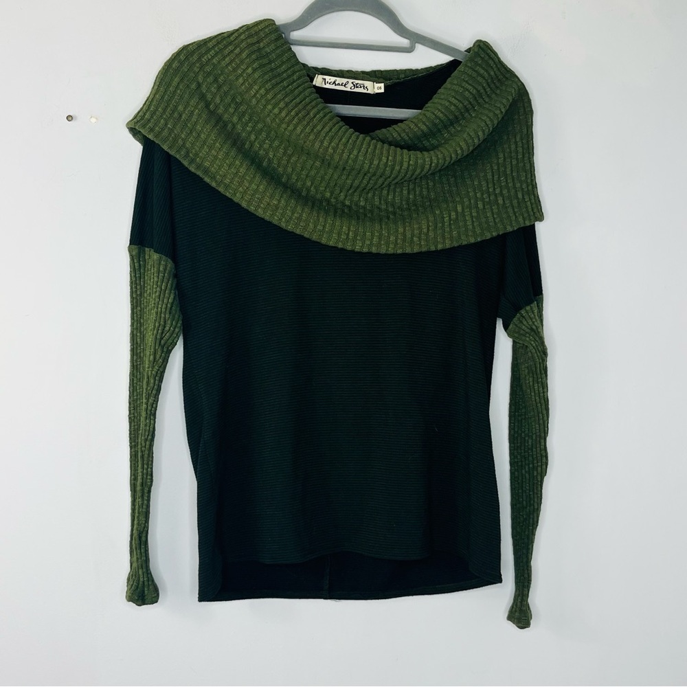 Michael Stars One Size Off the Shoulder Green Knit Ribbed Color Block Sweater